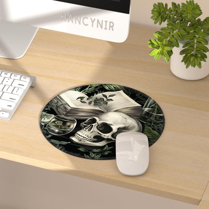 Hancynir Funny Goth Skull Mouse Pad for Desk, Gothic Book Plant Small Mousepad with Non-Slip Base, Round Mouse Pads for Laptop Gaming, Computer Mouse Mat for Office Decor Accessories Supplies - Image 2